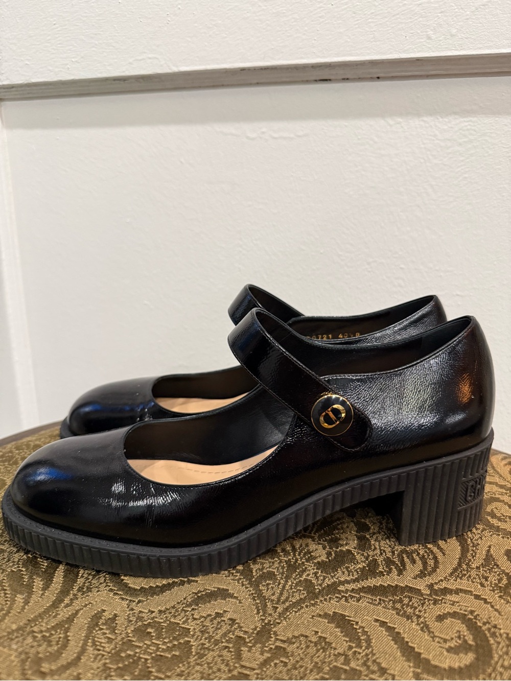 Dior D-Doll Black Patent Mary Jane Block Heel Pumps